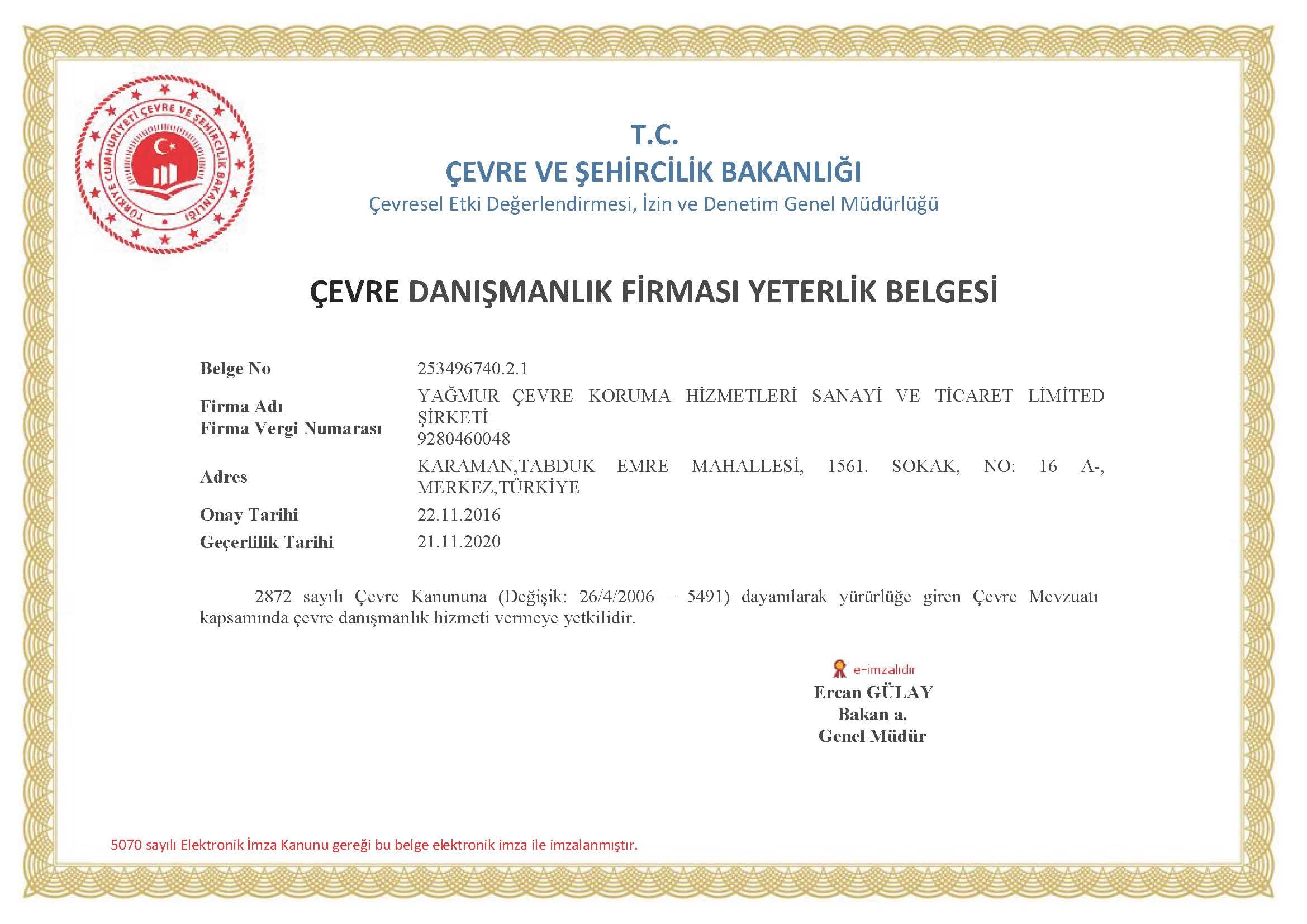 Çevre Danışmanlık Yeterlik Belgesi (2016-2020)