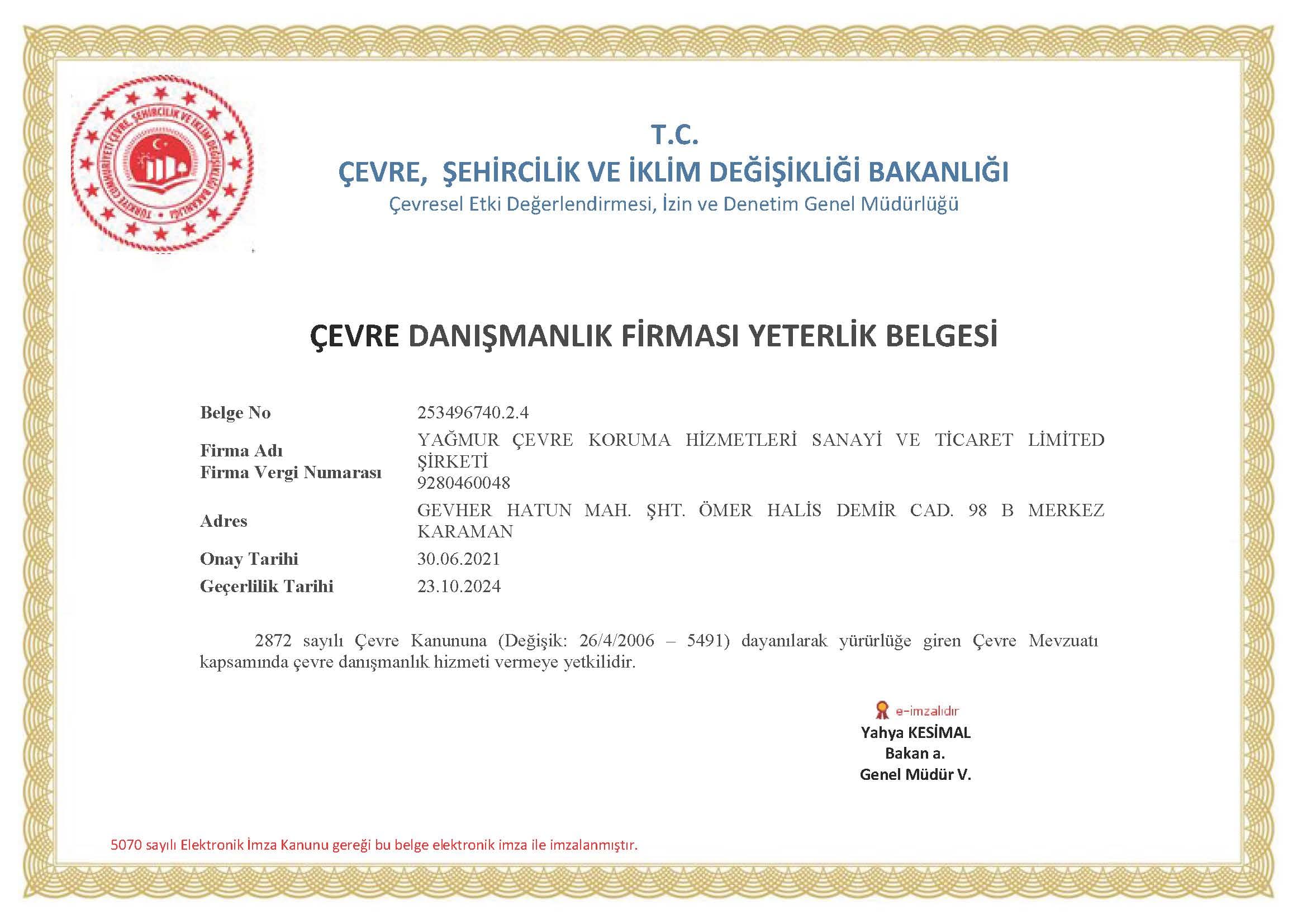 Çevre Danışmanlık Yeterlik Belgesi (2021-2024)